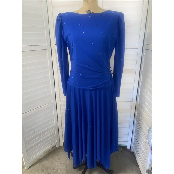 Vintage Pat Richards Blue Crepe Rhinestone Cocktail Dress Lined Women’s Sz Large - Picture 1 of 9